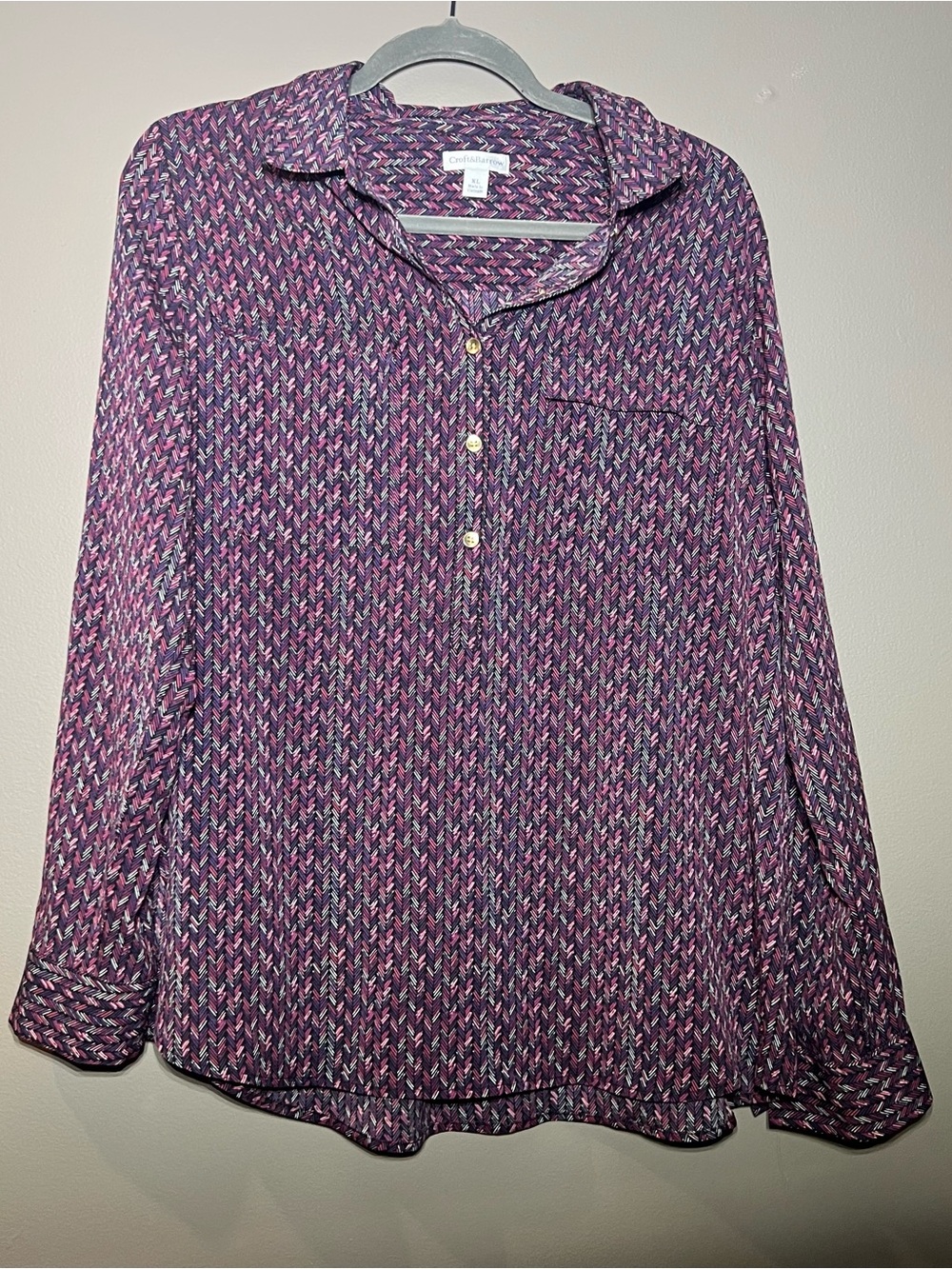 croft & barrow Purple and Pink herringbone Printed Button-Front Blouse